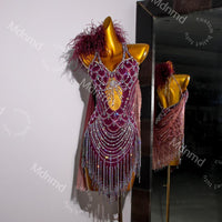Burgundy Latin Dress with Crystals & Feathers | Handmade Competition Costume | Custom Latin Salsa Cha-Cha Outfit