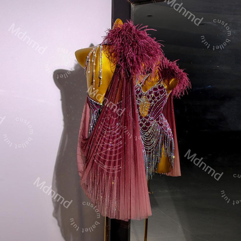 Burgundy Latin Dress with Crystals & Feathers | Handmade Competition Costume | Custom Latin Salsa Cha-Cha Outfit