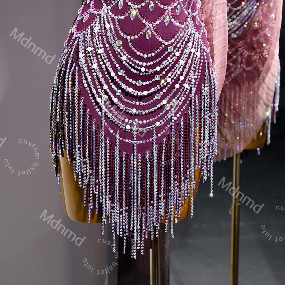 Burgundy Latin Dress with Crystals & Feathers | Handmade Competition Costume | Custom Latin Salsa Cha-Cha Outfit