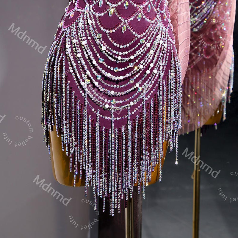 Burgundy Latin Dress with Crystals & Feathers | Handmade Competition Costume | Custom Latin Salsa Cha-Cha Outfit