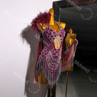 Burgundy Latin Dress with Crystals & Feathers | Handmade Competition Costume | Custom Latin Salsa Cha-Cha Outfit