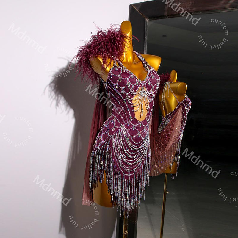 Burgundy Latin Dress with Crystals & Feathers | Handmade Competition Costume | Custom Latin Salsa Cha-Cha Outfit