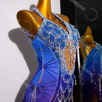 Blue-Purple Gradient Latin Dance Dress - Custom Competition Costume with Beaded Fringe & Open-Back Design