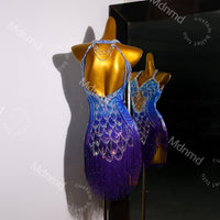 Blue-Purple Gradient Latin Dance Dress - Custom Competition Costume with Beaded Fringe & Open-Back Design