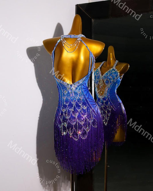 Blue-Purple Gradient Latin Dance Dress - Custom Competition Costume with Beaded Fringe & Open-Back Design