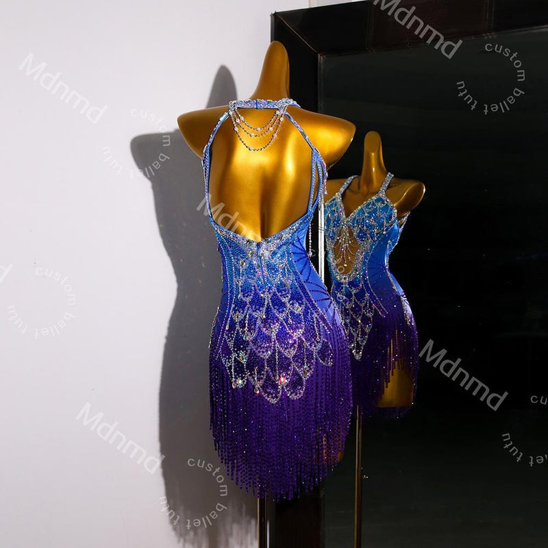 Blue-Purple Gradient Latin Dance Dress - Custom Competition Costume with Beaded Fringe & Open-Back Design