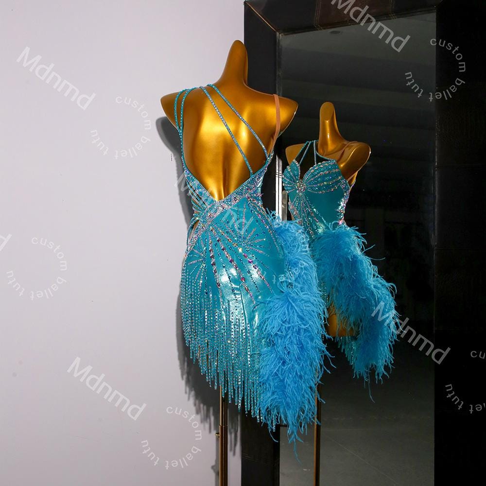 Turquoise Latin Dance Dress with Crystals & Feathers | Custom Handmade Competition Costume | Ballroom / Salsa / Cha-Cha