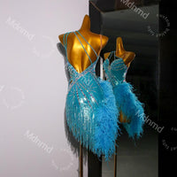 Turquoise Latin Dance Dress with Crystals & Feathers | Custom Handmade Competition Costume | Ballroom / Salsa / Cha-Cha