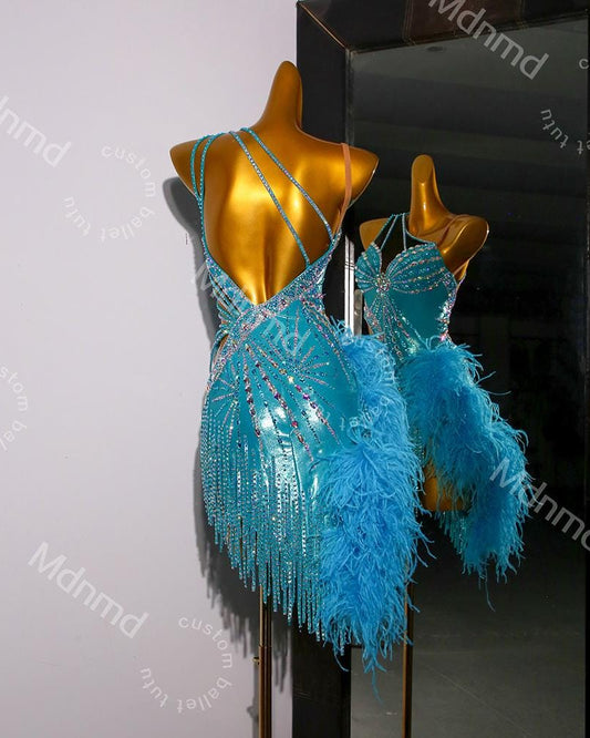 Turquoise Latin Dance Dress with Crystals & Feathers | Custom Handmade Competition Costume | Ballroom / Salsa / Cha-Cha