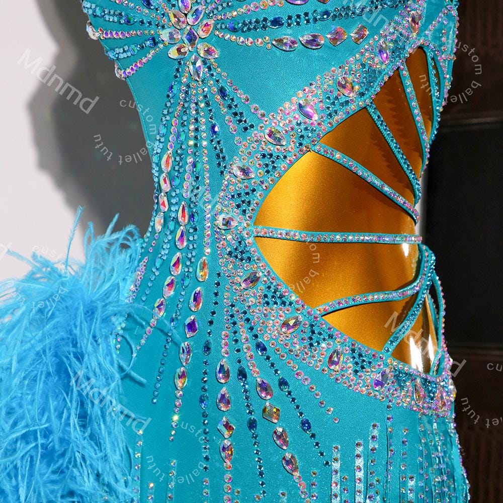 Turquoise Latin Dance Dress with Crystals & Feathers | Custom Handmade Competition Costume | Ballroom / Salsa / Cha-Cha