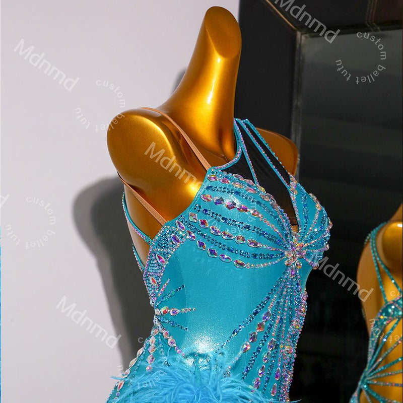 Turquoise Latin Dance Dress with Crystals & Feathers | Custom Handmade Competition Costume | Ballroom / Salsa / Cha-Cha