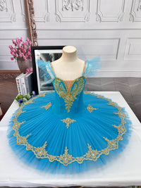 Blue Velvet Top Ballet Tutu Dress: Gold Embroidery, Stretchy Practice Dancewear