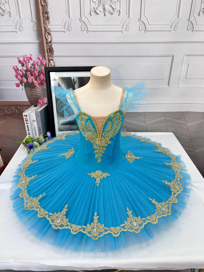 Blue Velvet Top Ballet Tutu Dress: Gold Embroidery, Stretchy Practice Dancewear