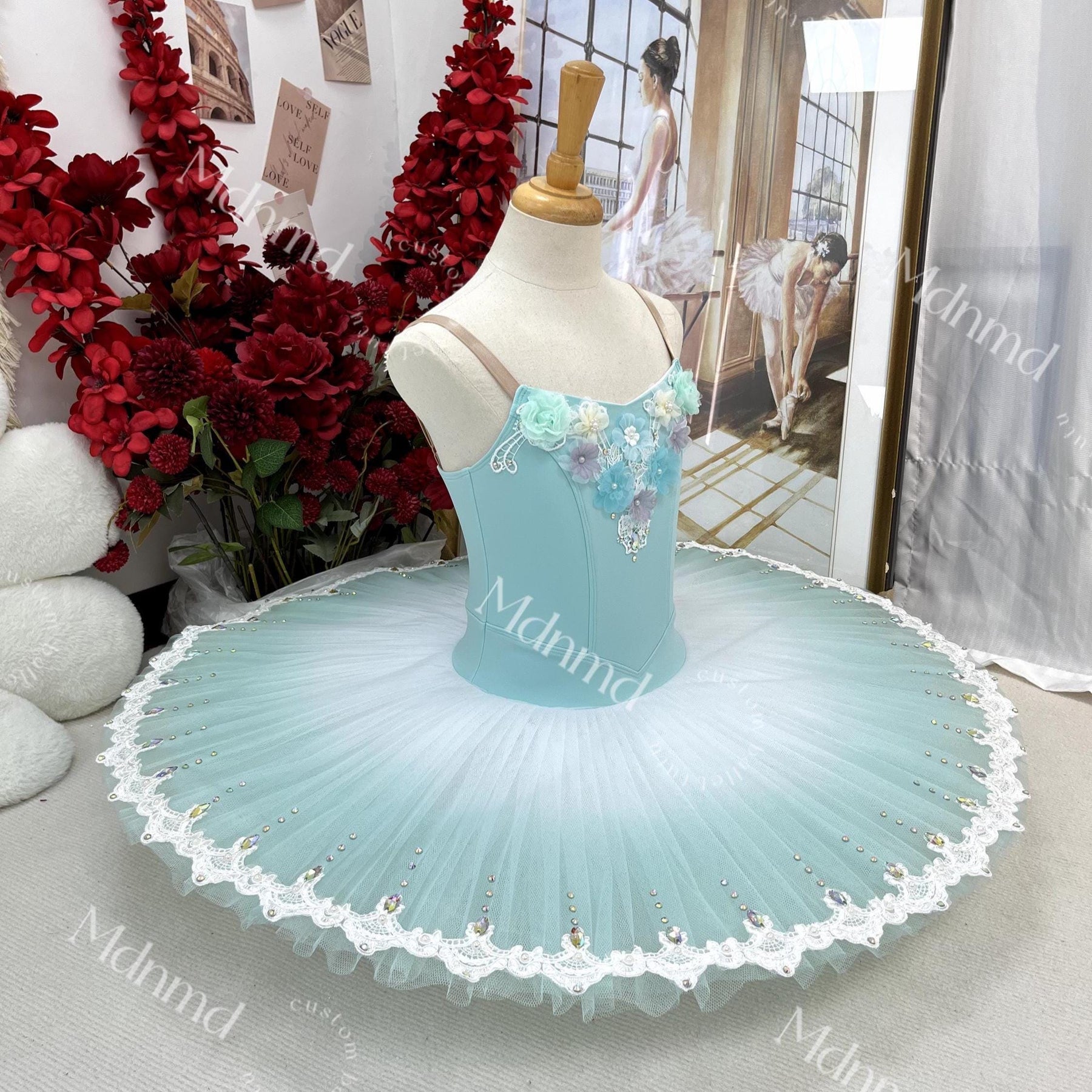 Custom Ballet Tutu Mint Green Bodice with Flower Embellishments