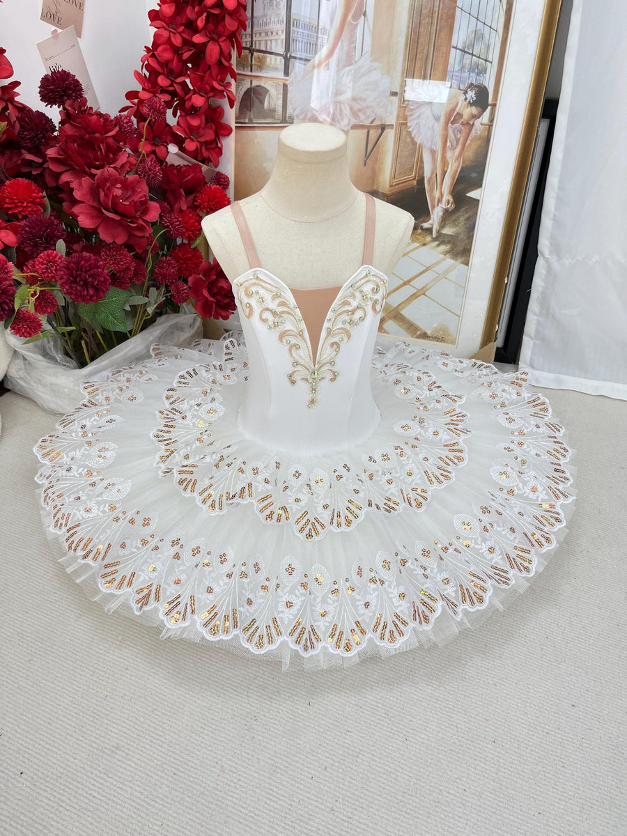 White Ballet Tutu: Gold Embroidered Stretch Costume
