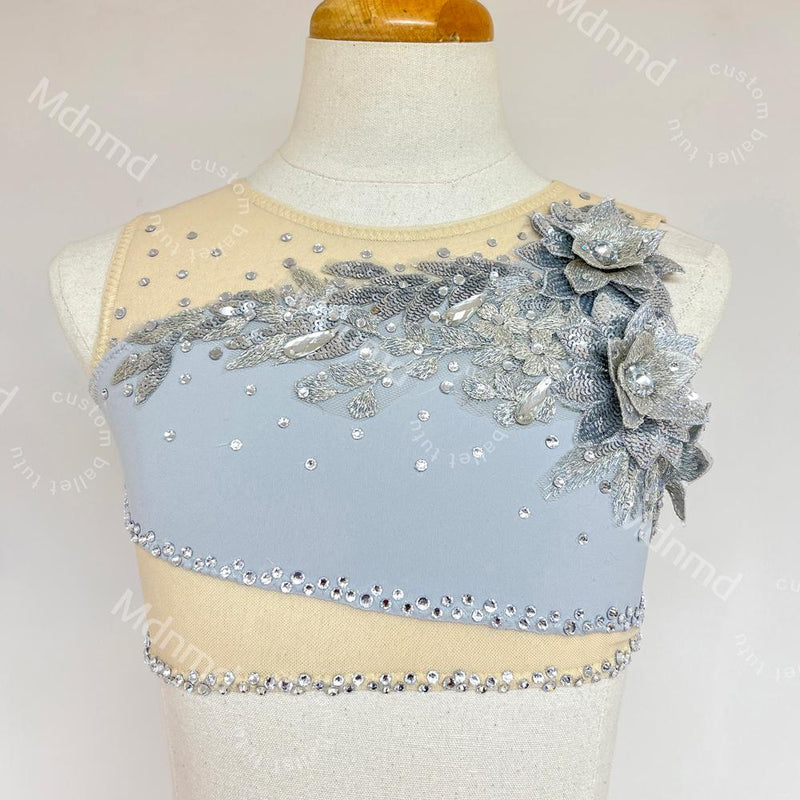 Custom Silver-Gray Two-Piece Lyrical Dance Costume | Modern Ballet Solo Outfit | Handmade Performance Dress
