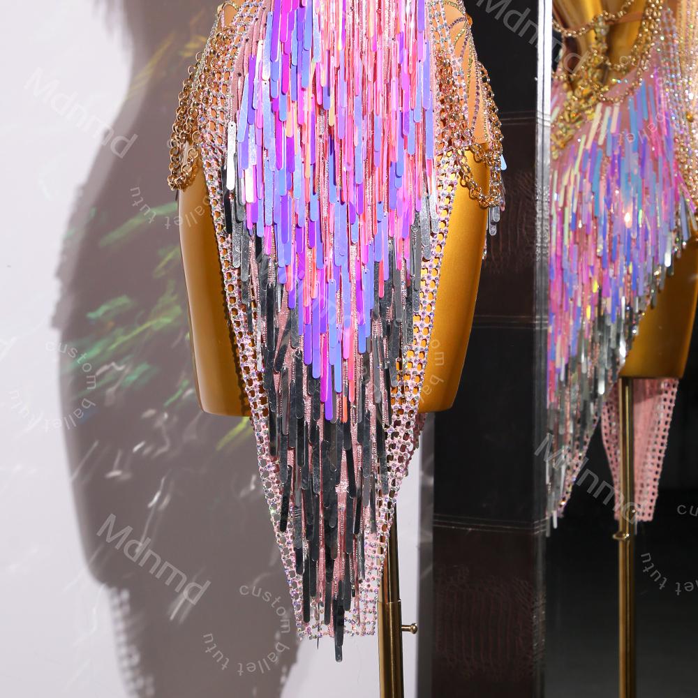 Pink Sequin Fringe Latin Dance Dress | Open Chain-Back Ballroom Costume
