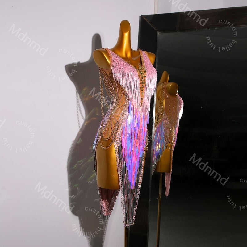 Pink Sequin Fringe Latin Dance Dress | Open Chain-Back Ballroom Costume