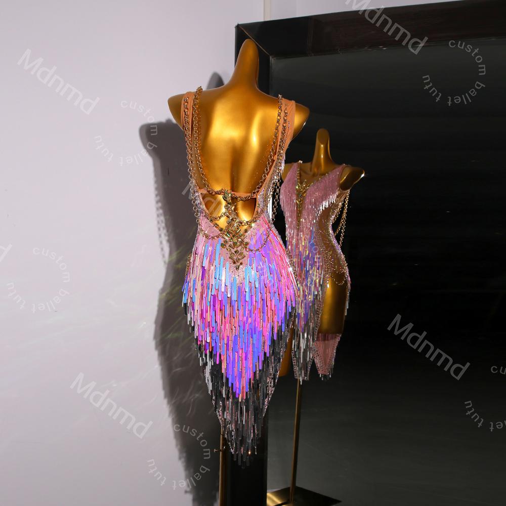 Pink Sequin Fringe Latin Dance Dress | Open Chain-Back Ballroom Costume