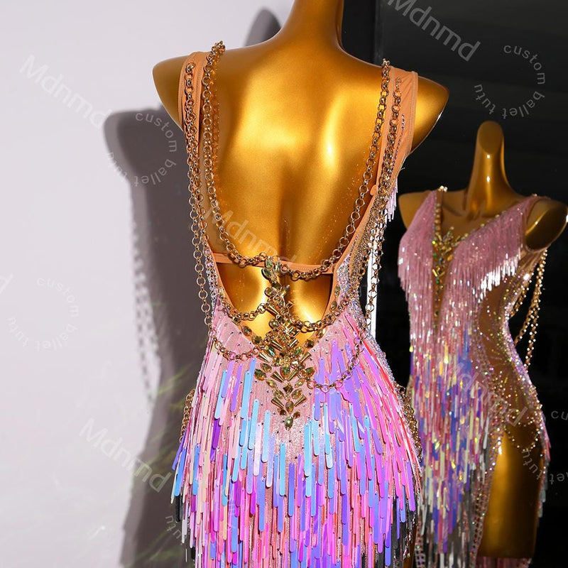 Pink Sequin Fringe Latin Dance Dress | Open Chain-Back Ballroom Costume