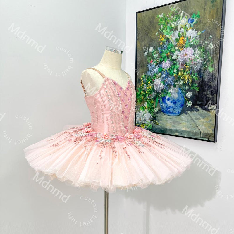 Pink Ballet Tutu | Handmade Classical Pancake Costume, Crystal Flower Appliqu