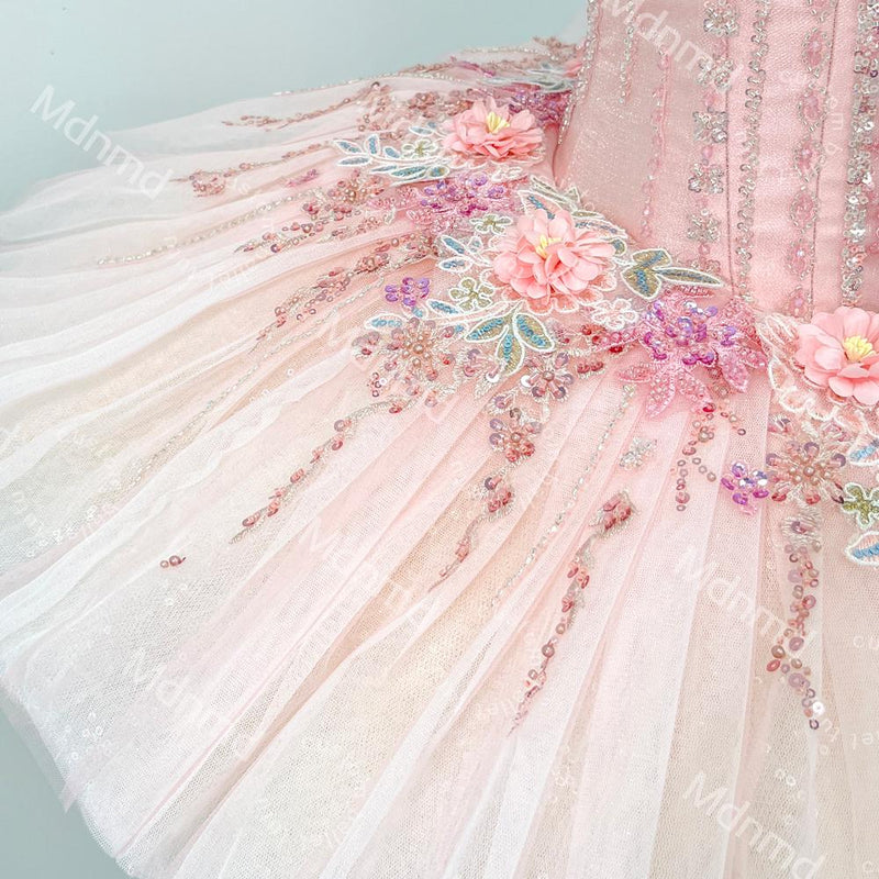 Pink Ballet Tutu | Handmade Classical Pancake Costume, Crystal Flower Appliqu