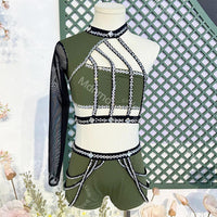 Olive Green Dance Costume with Crystal Cage Design Lyrical Solo Jazz Outfit Custom Handmade