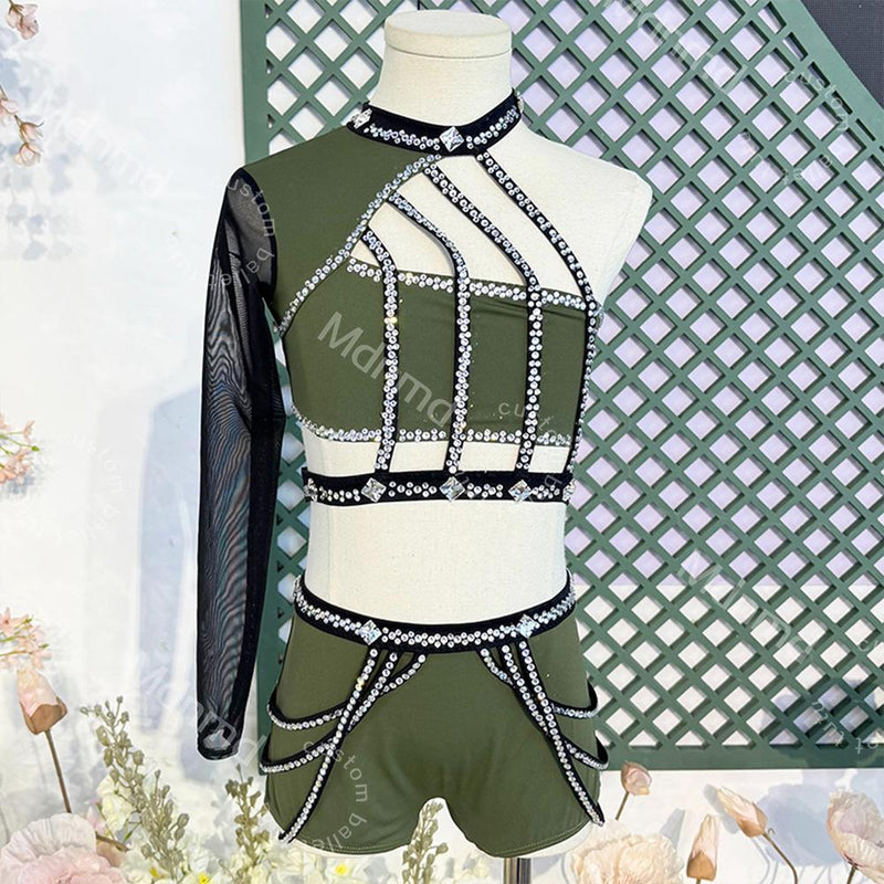 Olive Green Dance Costume with Crystal Cage Design Lyrical Solo Jazz Outfit Custom Handmade