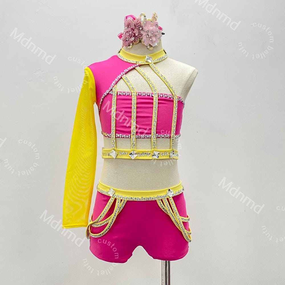 Olive Green Dance Costume with Crystal Cage Design Lyrical Solo Jazz Outfit Custom Handmade
