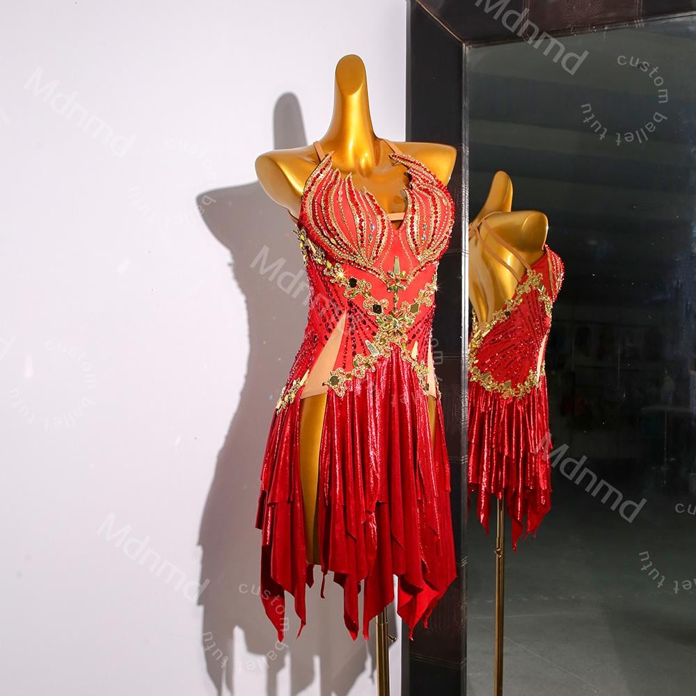 Red Flame Latin Dance Dress | Professional Salsa & Cha-Cha Costume | Custom Handmade Ballroom Outfit