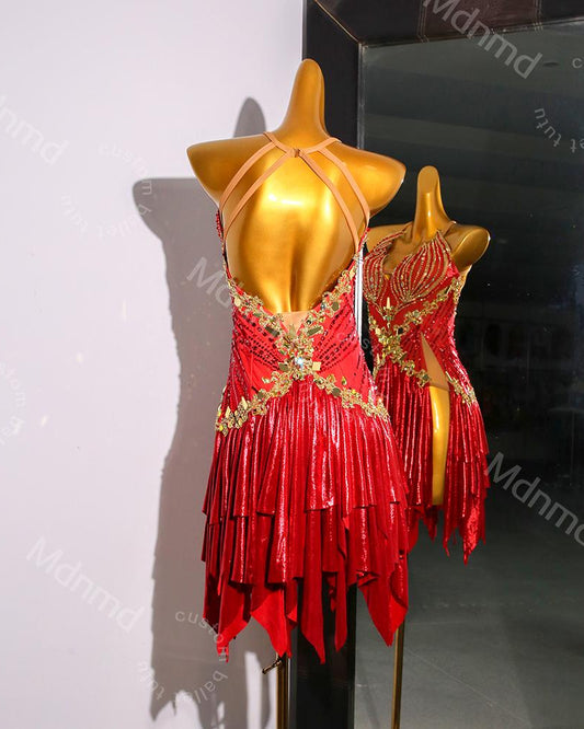 Red Flame Latin Dance Dress | Professional Salsa & Cha-Cha Costume | Custom Handmade Ballroom Outfit