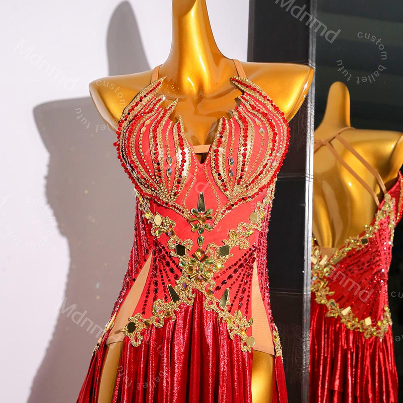 Red Flame Latin Dance Dress | Professional Salsa & Cha-Cha Costume | Custom Handmade Ballroom Outfit
