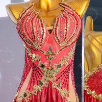 Red Flame Latin Dance Dress | Professional Salsa & Cha-Cha Costume | Custom Handmade Ballroom Outfit