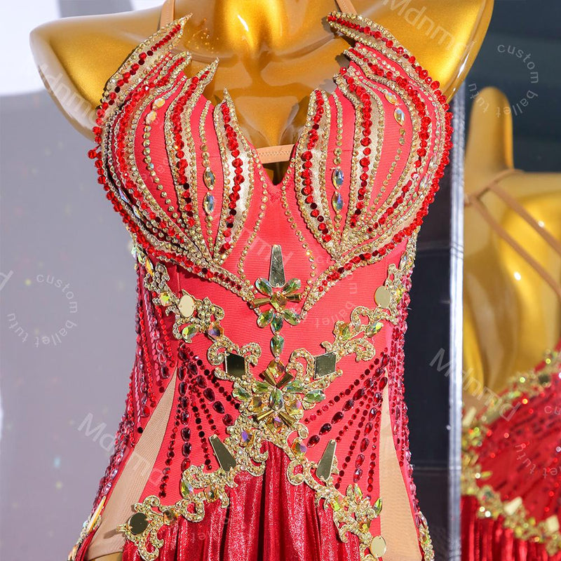 Red Flame Latin Dance Dress | Professional Salsa & Cha-Cha Costume | Custom Handmade Ballroom Outfit