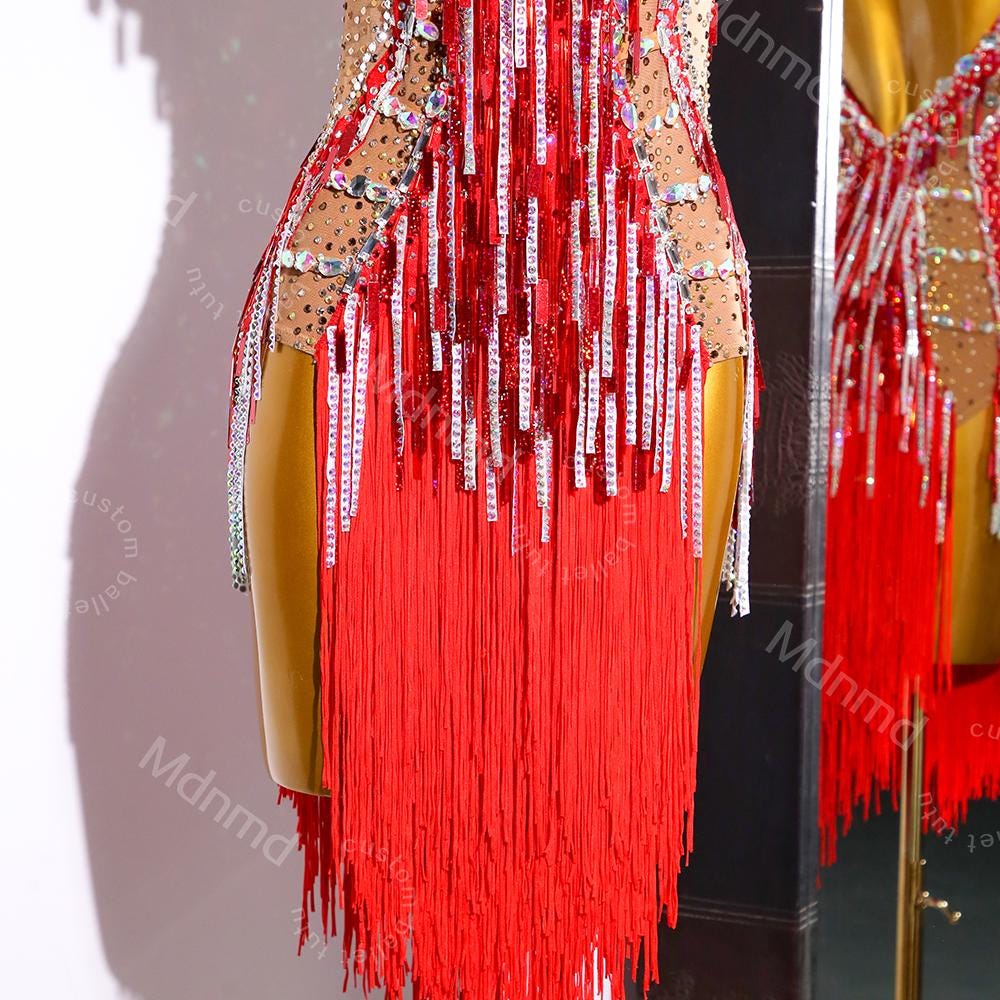 Red Fringe Latin Dance Dress | Custom Latin Competition Costume | Salsa / Cha-Cha / Ballroom| Handmade Outfit