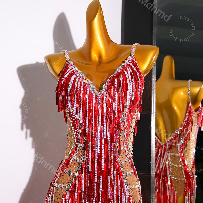 Red Fringe Latin Dance Dress | Custom Latin Competition Costume | Salsa / Cha-Cha / Ballroom| Handmade Outfit