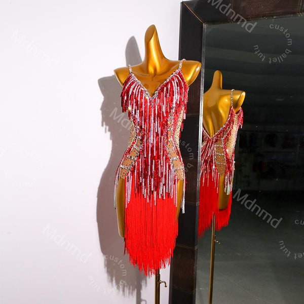 Red Fringe Latin Dance Dress | Custom Latin Competition Costume | Salsa / Cha-Cha / Ballroom| Handmade Outfit