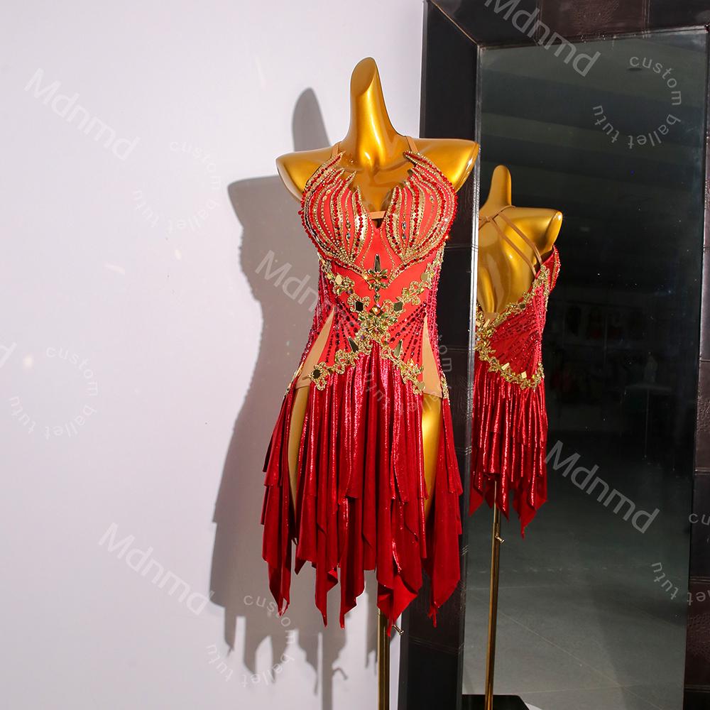 Red Flame Latin Dance Dress | Professional Salsa & Cha-Cha Costume | Custom Handmade Ballroom Outfit