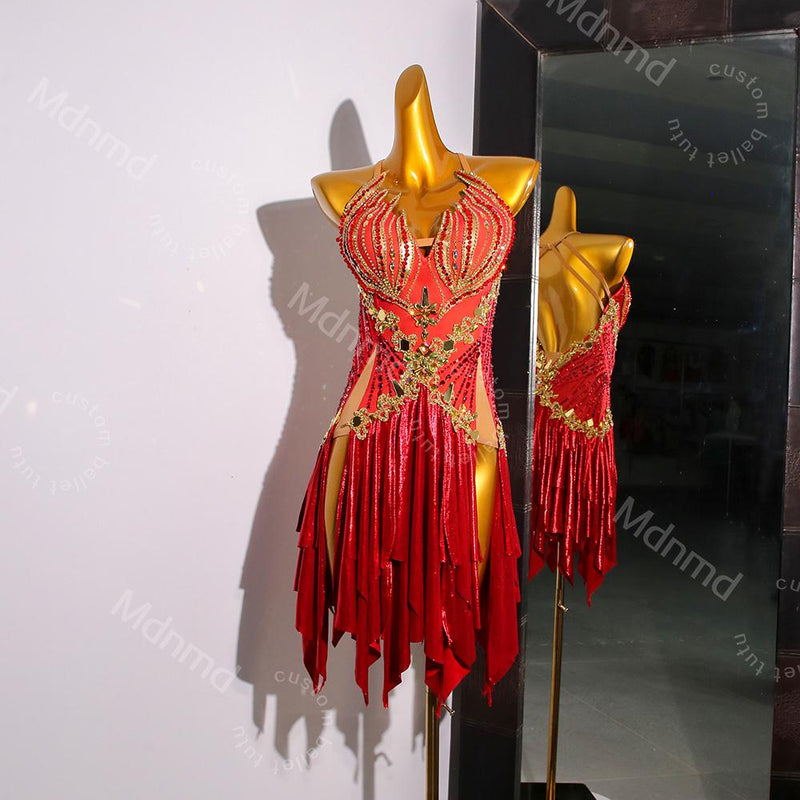 Red Flame Latin Dance Dress | Professional Salsa & Cha-Cha Costume | Custom Handmade Ballroom Outfit