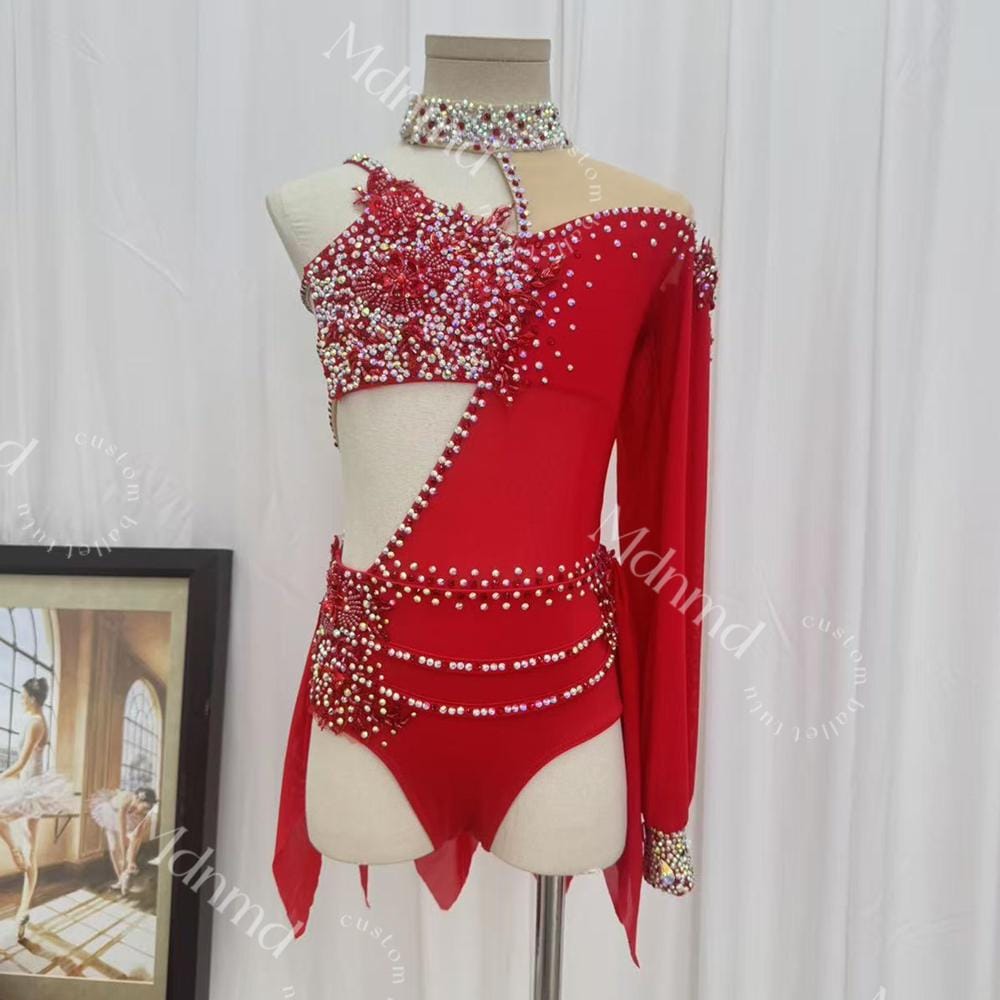 Custom Red Lyrical Dance Costume - Crystal Embellished, Contemporary Freestyle