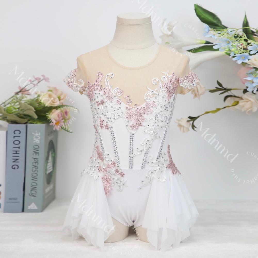 Handmade Contemporary Costume Lyrical Dance Costume: White & Pink Solo Dress with Gold Details