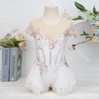 Handmade Contemporary Costume Lyrical Dance Costume: White & Pink Solo Dress with Gold Details