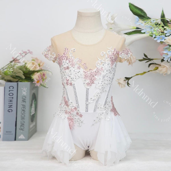 Handmade Contemporary Costume Lyrical Dance Costume: White & Pink Solo Dress with Gold Details