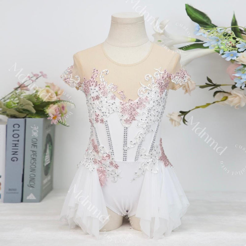 Handmade Contemporary Costume Lyrical Dance Costume: White & Pink Solo Dress with Gold Details