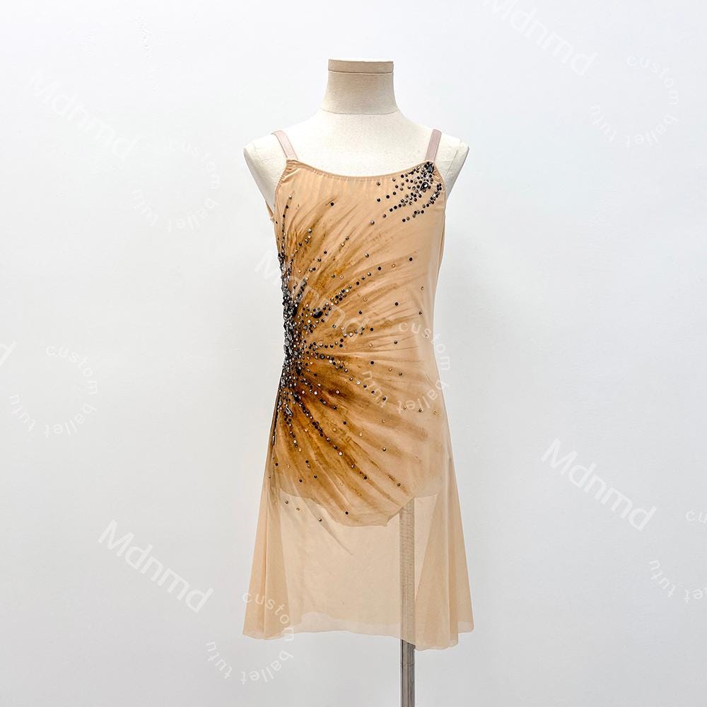 Hand-Dyed Lyrical Dance Dress | Brown Spaghetti Strap Costume, Rhinestone Detail