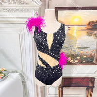 Black Lyrical Solo Dance Dress with Pink Feathers and Rhinestones | Custom Handmade Contemporary Costume