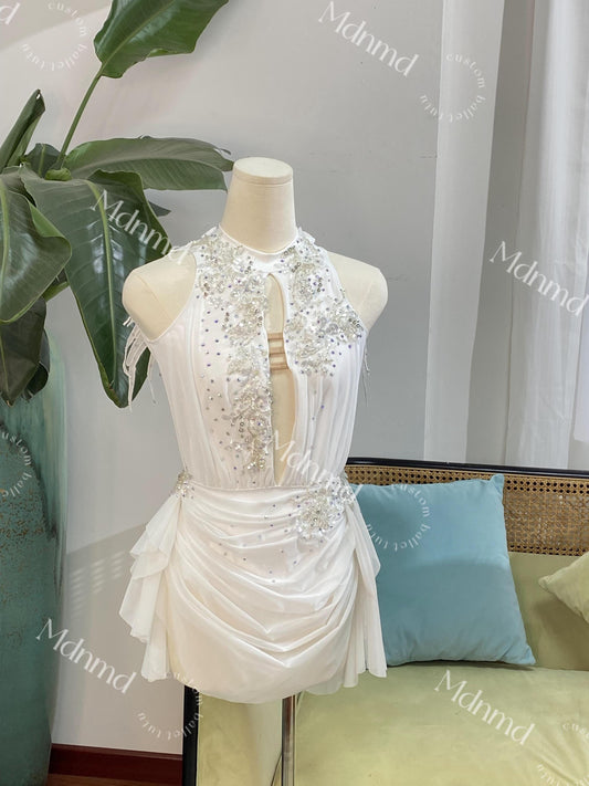 Contemporary Costume White Lyrical Dance Custom: Crystal Feather Embellishments