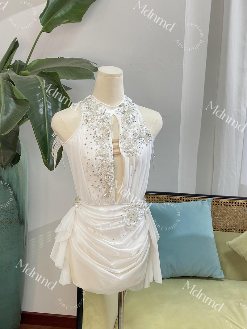 Contemporary Costume White Lyrical Dance Custom: Crystal Feather Embellishments