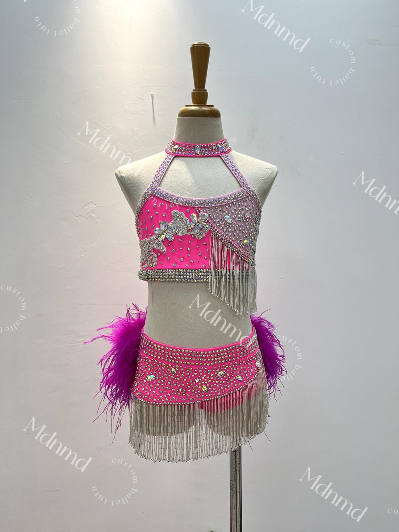 Contemporary Costume Bright Pink Lyrical Dance Costume: Feather Detail, Jazz, Figure Skating