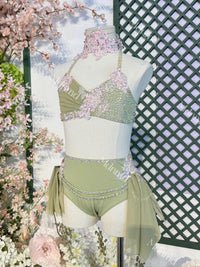 Custom Green Lyrical Dance Costume: Pink Floral & Crystal Embellishments Contemporary Costume